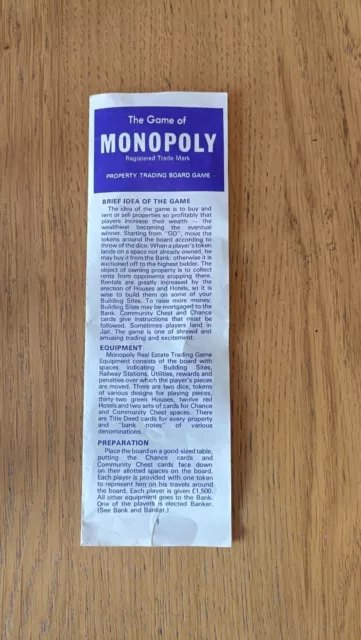 Vintage Monopoly Replacement Instruction Booklet 1970's Edition