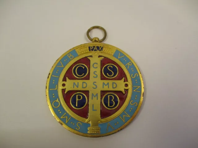 Vintage Saint Benedict Religious Medal Token Pendant Gold Tone Blue Red Enamel