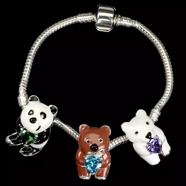 Heart AAA Blue, Purple, Green Cz 6mm 925 Sterling Silver Bear Enamel Bracelet 5