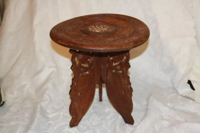 Hand Carved India Teak Wood Folding Stand Table / Plant Stand Bohemian 12" Inlay