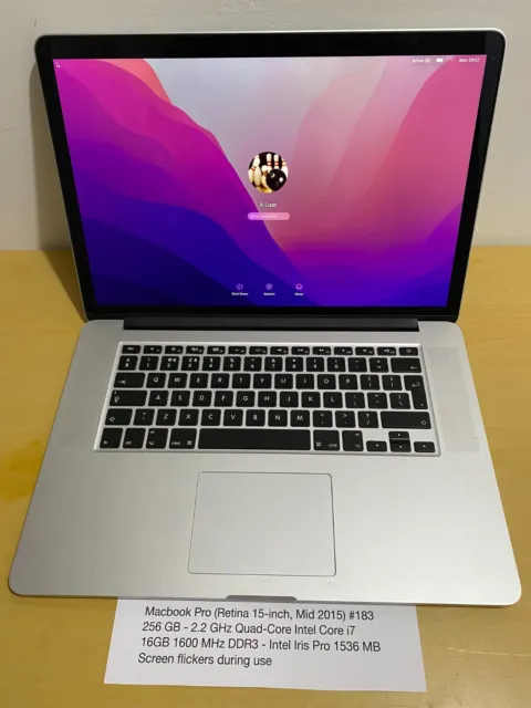 Apple MacBook Pro 15” Laptop - macOS 12 Monterey 256GB SSD 16GB RAM #183