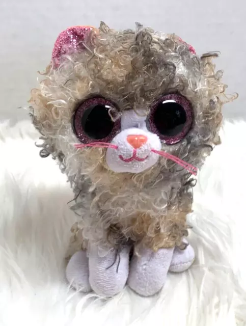 Ty Beanie Boos Plush Bean Bag Cat Scrappy Kitten Kitty Gray Tan Fluffy Stuffed