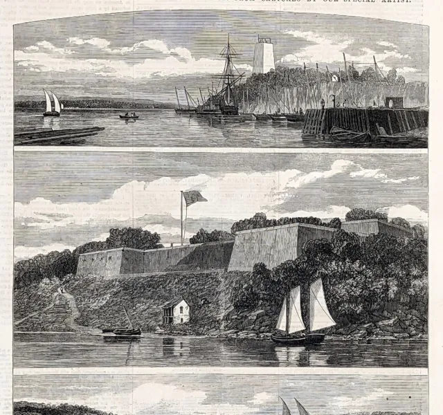 1861 Fort Washington Potomac River Engraving Mount Vernon Panoramic ORIGINAL