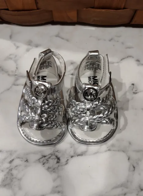 Michael Kors Baby Girl's Joy Lacey Silver-Tone Plaque Crib Braided Sandals Sz 1