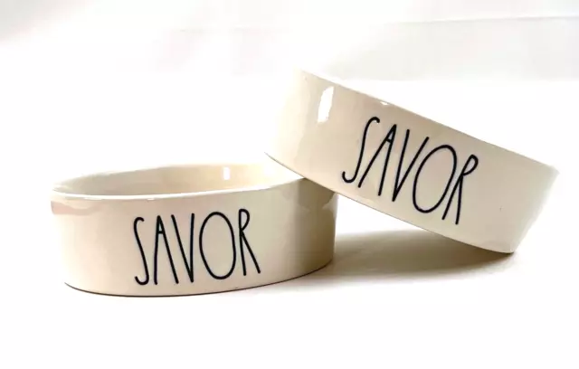 Rae Dunn SAVOR Ceramic Small Bowl Dish Cat Food Treat Pet Ivory Black Set of 2