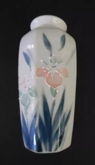 Vintage Otagiri Embossed Pastel Pink Iris White Octagon Porcelain Vase Japan 2