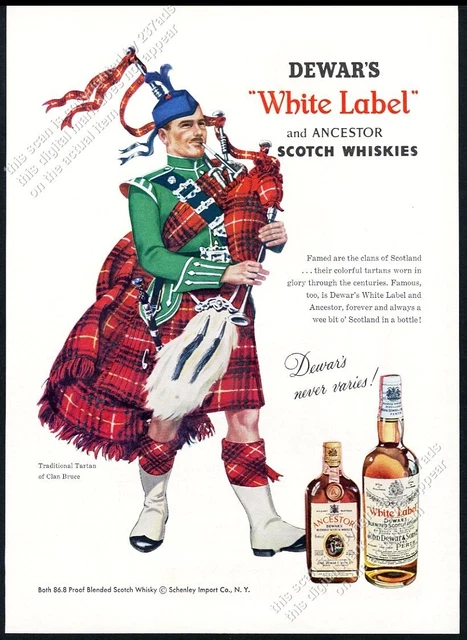1958 Clan Bruce tartan bagpipes art Dewar's Scotch whisky vintage print ad