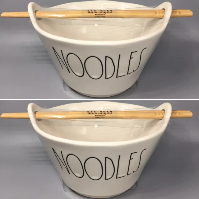 x2 Rae Dunn NOODLES Bowl w Chopsticks Set Asian Take Out White Black LL NEW