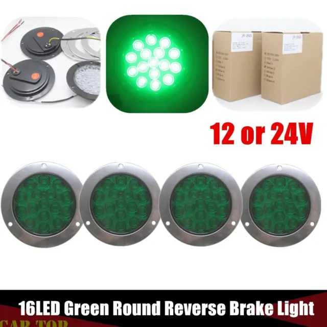 4X Green16LED Round Reverse Brake Turn Signal Rear Truck Tailer Light 12V or 24V