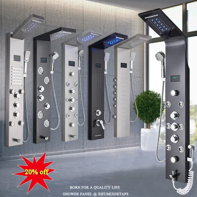 Stainless Steel LED Shower Panel Tower Rain&Waterfall Massage Jets System Mixer