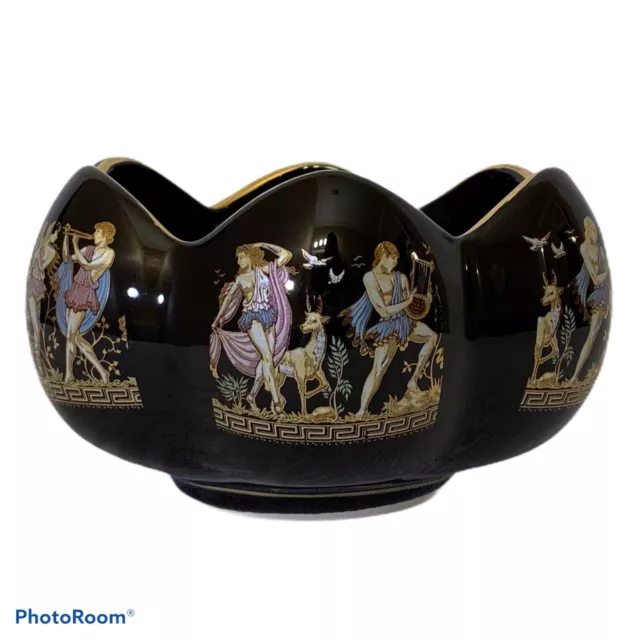 SPYROPOULOS Scalloped Bowl Black With 24K Gold Hand Made in Greece Greek Scenes