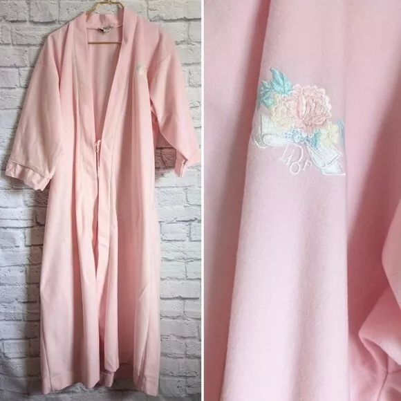 Vintage Christian Dior Flannel Robe S Pink Embroidered Floral Loungewear 80s