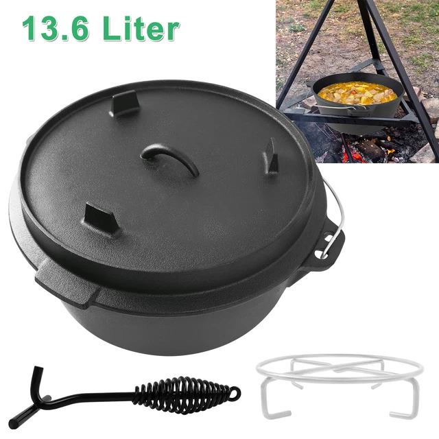 13,6 Liter Gusseisen Dutch Oven Set Feuertopf Schmortopf mit Deckelheber Camping
