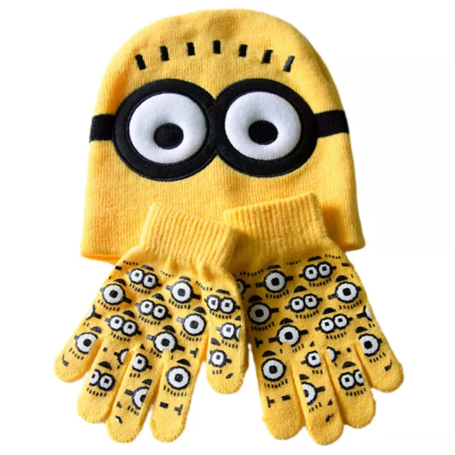 Boys Girls' Kids Minions Knitted Beanie Hat & Gloves Winter Warmer Knitwear Set