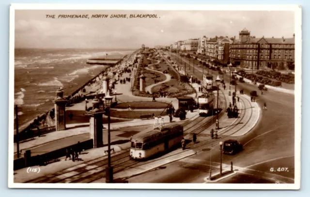 POSTCARD Promenade North Shore, Blackpool Lancashire, trams/old cars, real photo