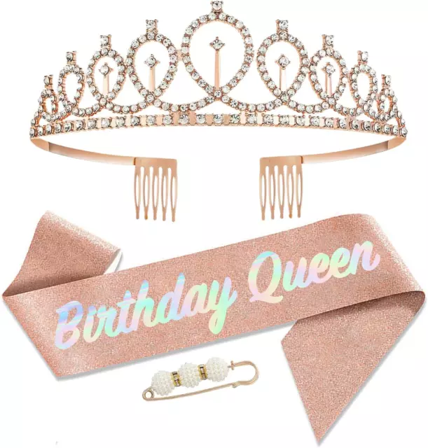 Birthday Queen Sash and Tiara for Women,Girls,Rose Gold Birthday Crown Costume
