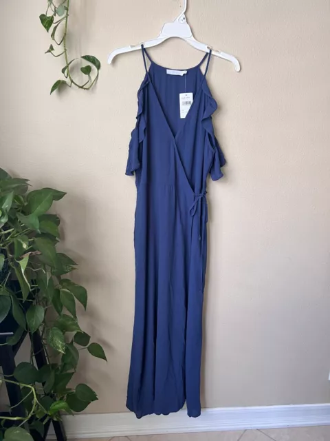 Lush Womens L Dress Wrap Maxi Blue Cold Shoulder  Ruffle Sleeve /1 2