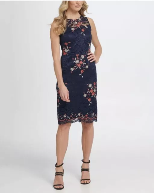 DKNY Womens Dress Navy Sleeveless Knee Length Cocktail Sheath Lace Floral Size 8