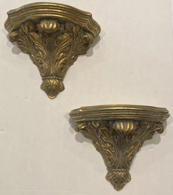 Vintage Pair Plaster Gold Wall Shelf Corbels Heavy Set 2 Hollywood MCM Brass EUC