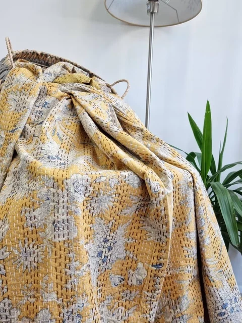 Couverture Décorative Kantha Indienne Réversible - Coton Patchwork - 238x160 Cm