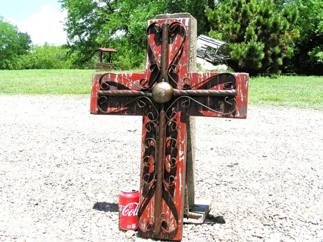 Rustic Wooden Wall Cross, scrolled iron, Distressed Red