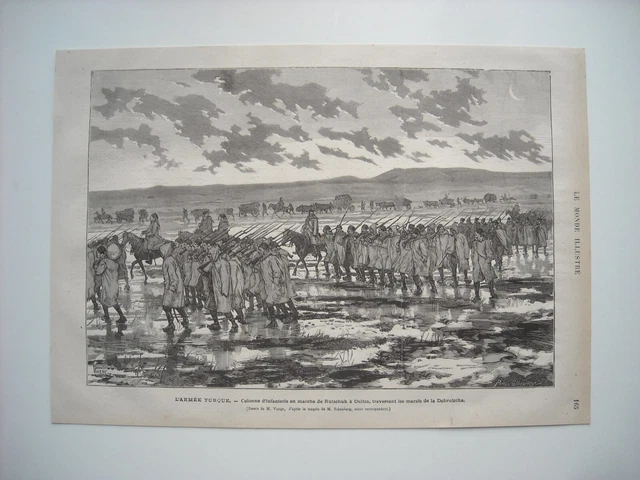 Gravure 1877. L’armee Turque. Colonne D’infanterie En Marche De Rutschuk A Dulza