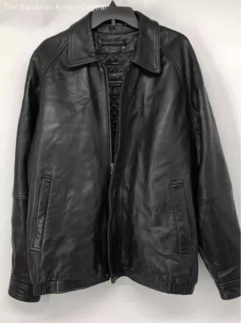 Claiborne Mens Black Leather Collared Long Sleeve Full-Zip Bomber Jacket Size XL