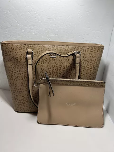 GUESS Bar Harbor Logo  Shoulder Tote Handbag Mocha With Pouches 10”x13” NWT 2