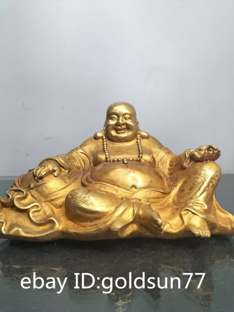 9.0”Exquisite Chinese old antique bronze gilt handmade Maitreya Buddha statue