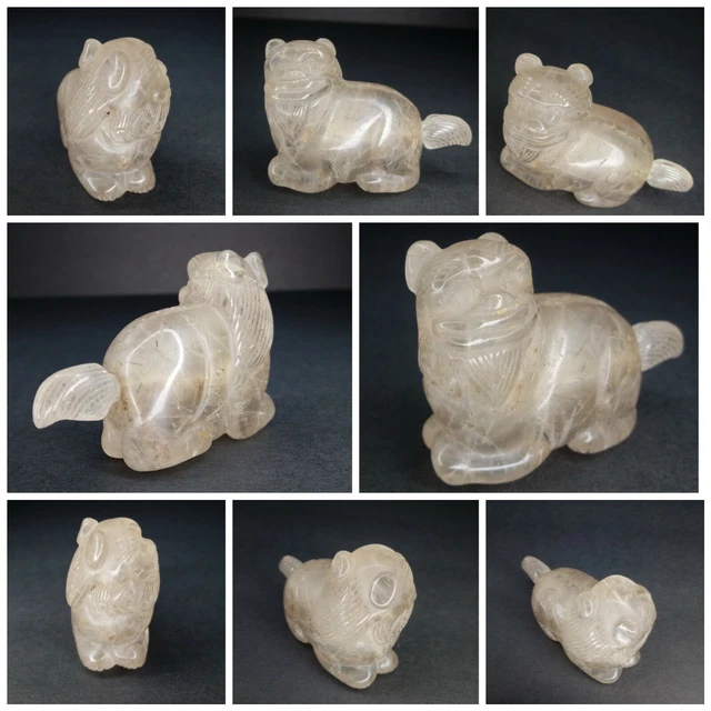 Old Chinese Carved Snuff Bottle Rutilated Hair Quartz Crystal Fine Foo Dog Lion