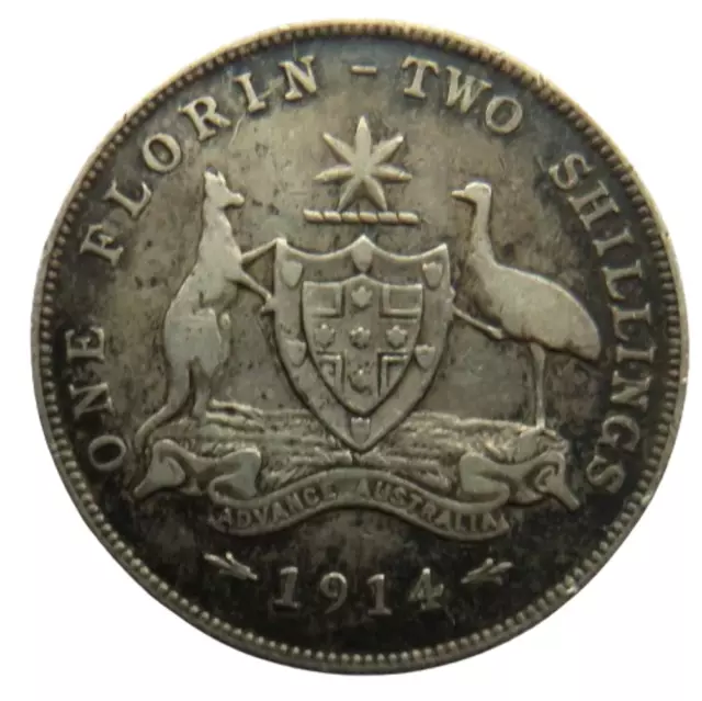 1914 King George V Australia Silver Florin / Two Shillings Coin