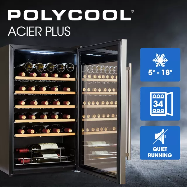 POLYCOOL 34 Bottle Wine Bar Fridge Cooler Countertop Small Glass Door Silver