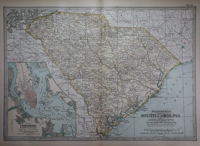 Old 1897 Century Atlas Map ~ SOUTH CAROLINA ~ (12x18) ~ Free S&H #268