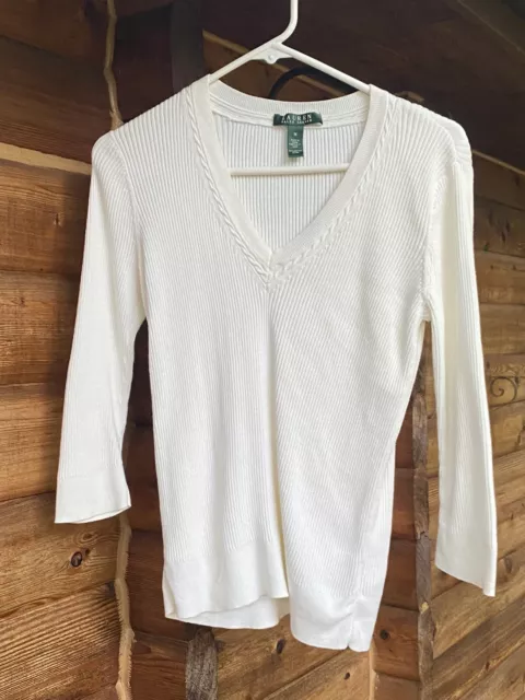 Ralph Lauren Sport Ivory Cotton Cable Knit V-Neck Sweater size Medium