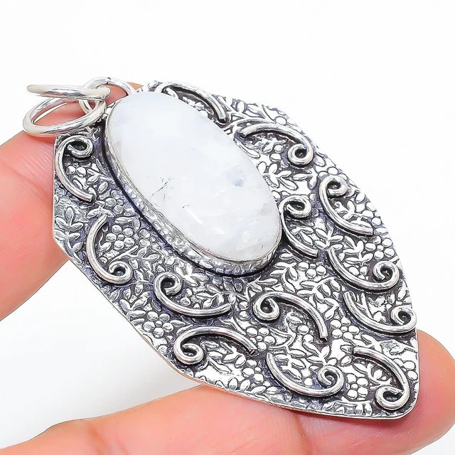 Rainbow Moonstone Gemstone 925 Sterling Silver Jewelry Pendant 2.80" D548
