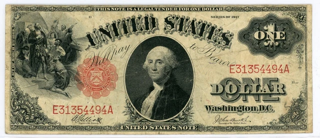 1917 RED SEAL ONE DOLLAR LARGE NOTE LEGAL TENDER $1 PAPER MONEY, Elliott/Burke