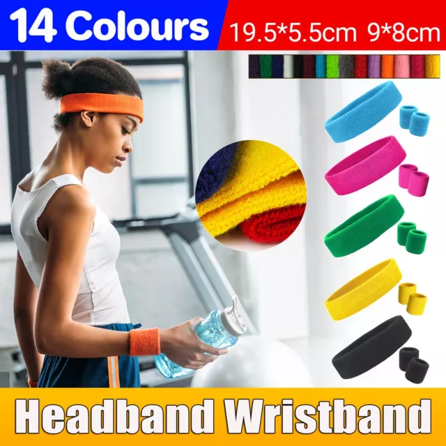 Sweatbands Sweat Band for Sport Tennis Badminton Cotton Wristbands + Headband AU