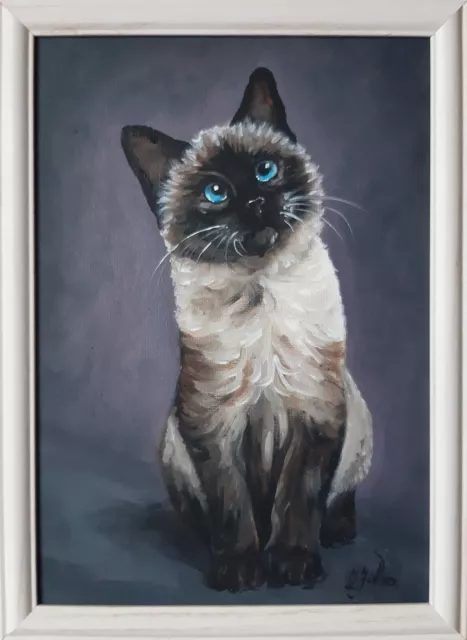 Original Siamese Cat Painting Pet Art Framed 12 by 9 Cat Blue Eyes Oil Painting