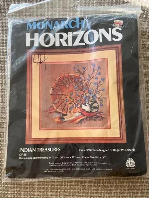 SEALED! Monarch Horizons INDIAN TREASURES CR28 Crewel Stitchery 18 x 18 Kit