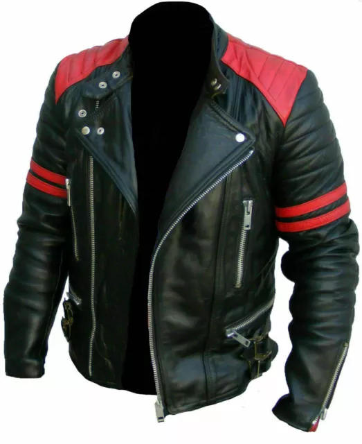 Herren Brando Classic Biker rot und schwarz Vintage Motorrad Echtleder Jacke