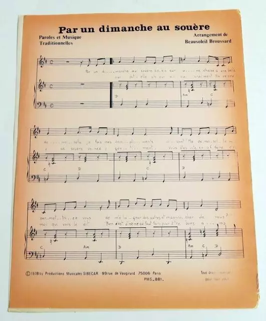 Partition vintage sheet music BEAUSOLEIL BROUSSARD : Par un Dimanche * 70's