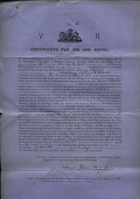 1897 DUMFRIES V.R. Certificate INN & HOTEL, THE SWAN Bank St to Jessie Wyper