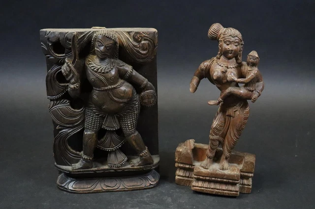 2x Tempel Relief Skulptur Gottheiten Holz Südostasien 19.Jhd (FI196)