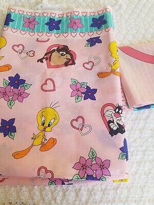 Sábanas gemelas planas y funda de almohada vintage 1996 rosa tweety silvester, Bugs Bunny Taz