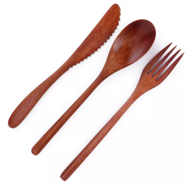 Portable Wooden Cutlery Set Spoon Fork Knife Wood Flatware Dinnerware GS0