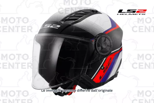 Casque Jet LS2 OF616 Airflow II Rush Blanc Rouge Bleu Poli Visière Longue Eu