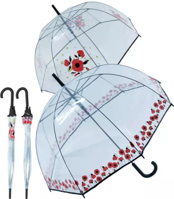 Falconetti Glockenschirm Damen Stockschirm durchsichtig transparent Mohnblumen