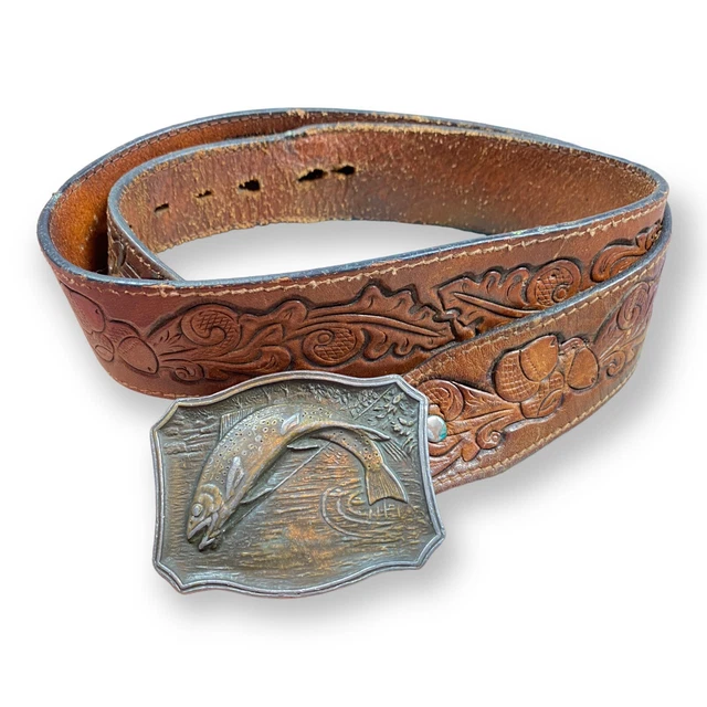 Vtg Leather Belt Solid Brass Fish Buckle Acorn Tooled distressed Western 36” USA
