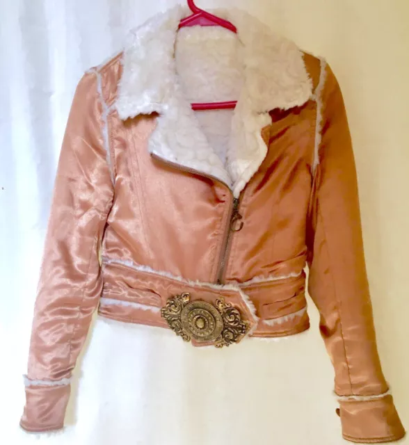 Faux Fur Lined Bronze Satin Jacket With Ornate Gold Colored Buckle Adult XS