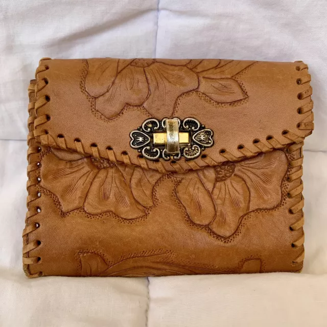 Vintage Retro Tan Handmade Tooled Leather Wallet Floral Flower Coin Purse